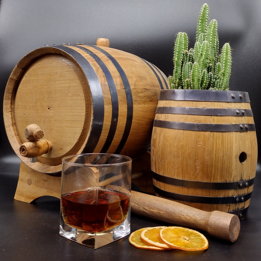 5-liter oak aging barrel, 3-liter oak barrel planter, handmade oak muddler, dried orange slices for old fashioned cocktail