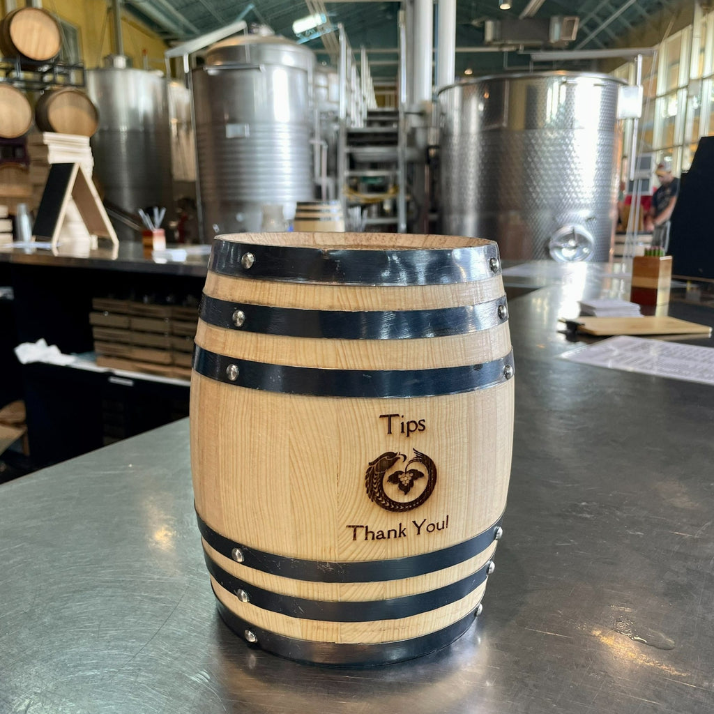 winery tasting room wood barrel tip jar